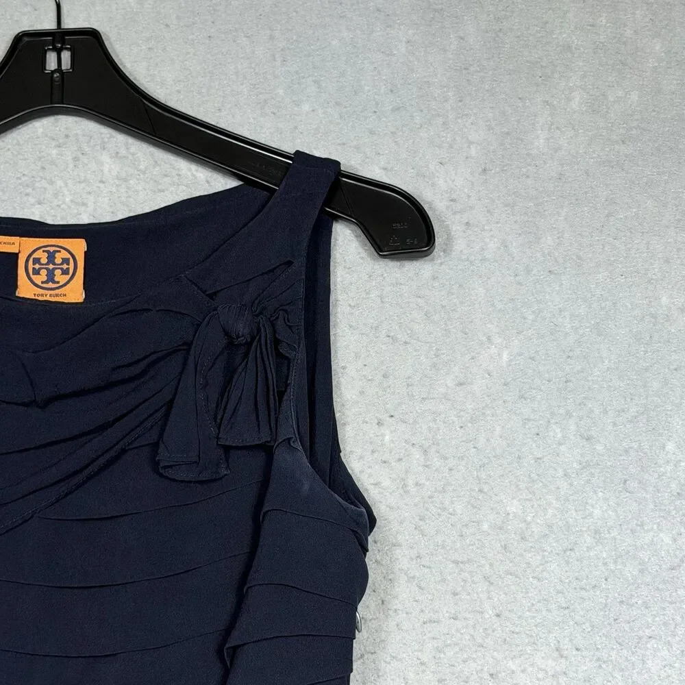 Tory Burch Waltraud Silk Tiered Bow Top Women’s Size 6 Navy Blue Sleeveless